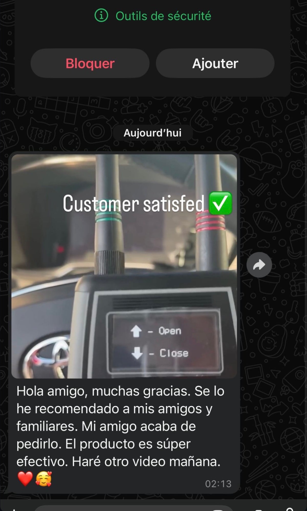 Customer message and photo shared in NOCTRA Instagram highlights
