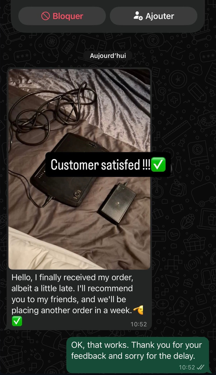 Customer message and photo shared in NOCTRA Instagram highlights